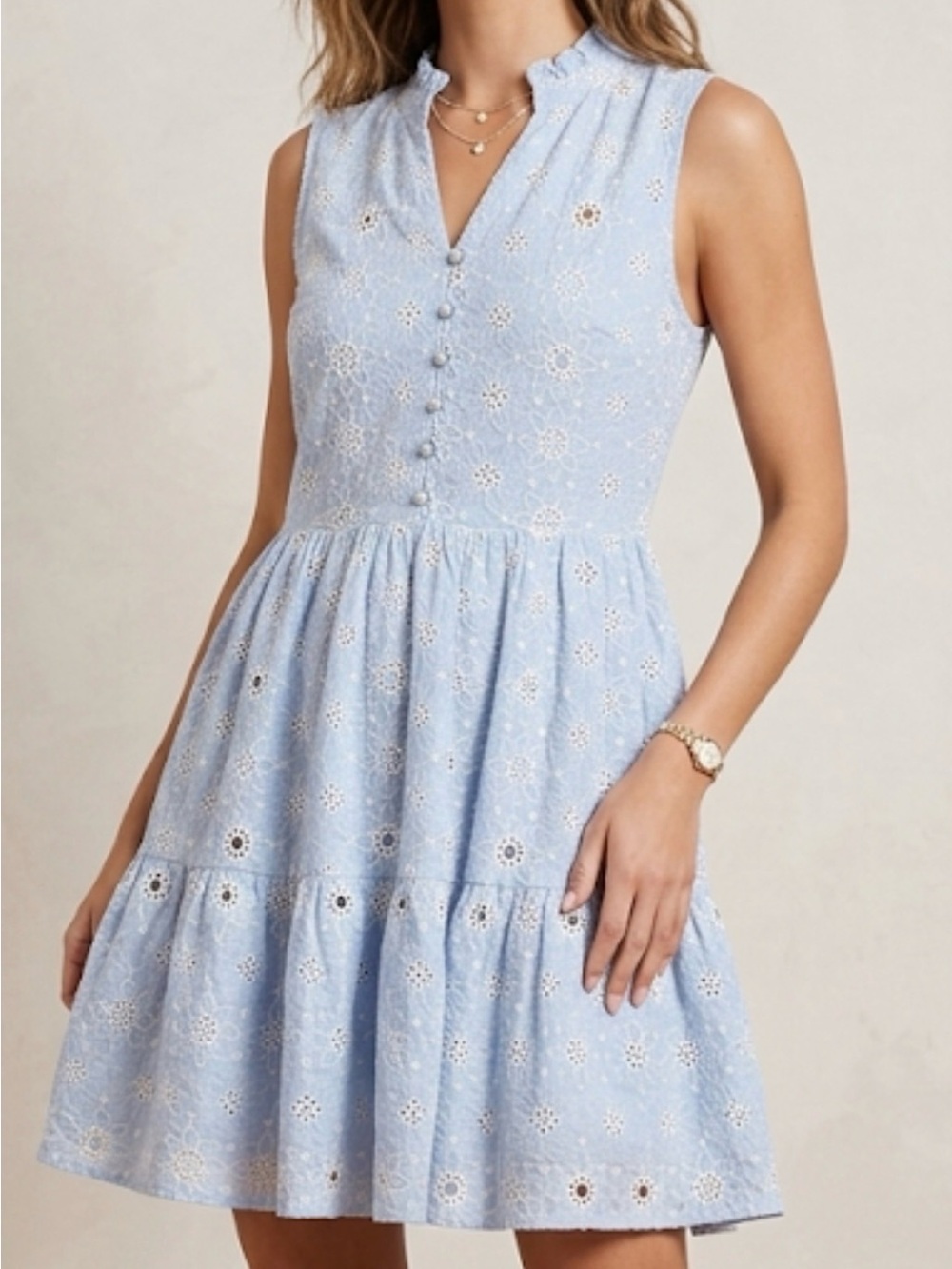 Karlie Blue Eyelet Cotton Tiered Dress Pearl Buttons Ruffle Neck Sleeveless M